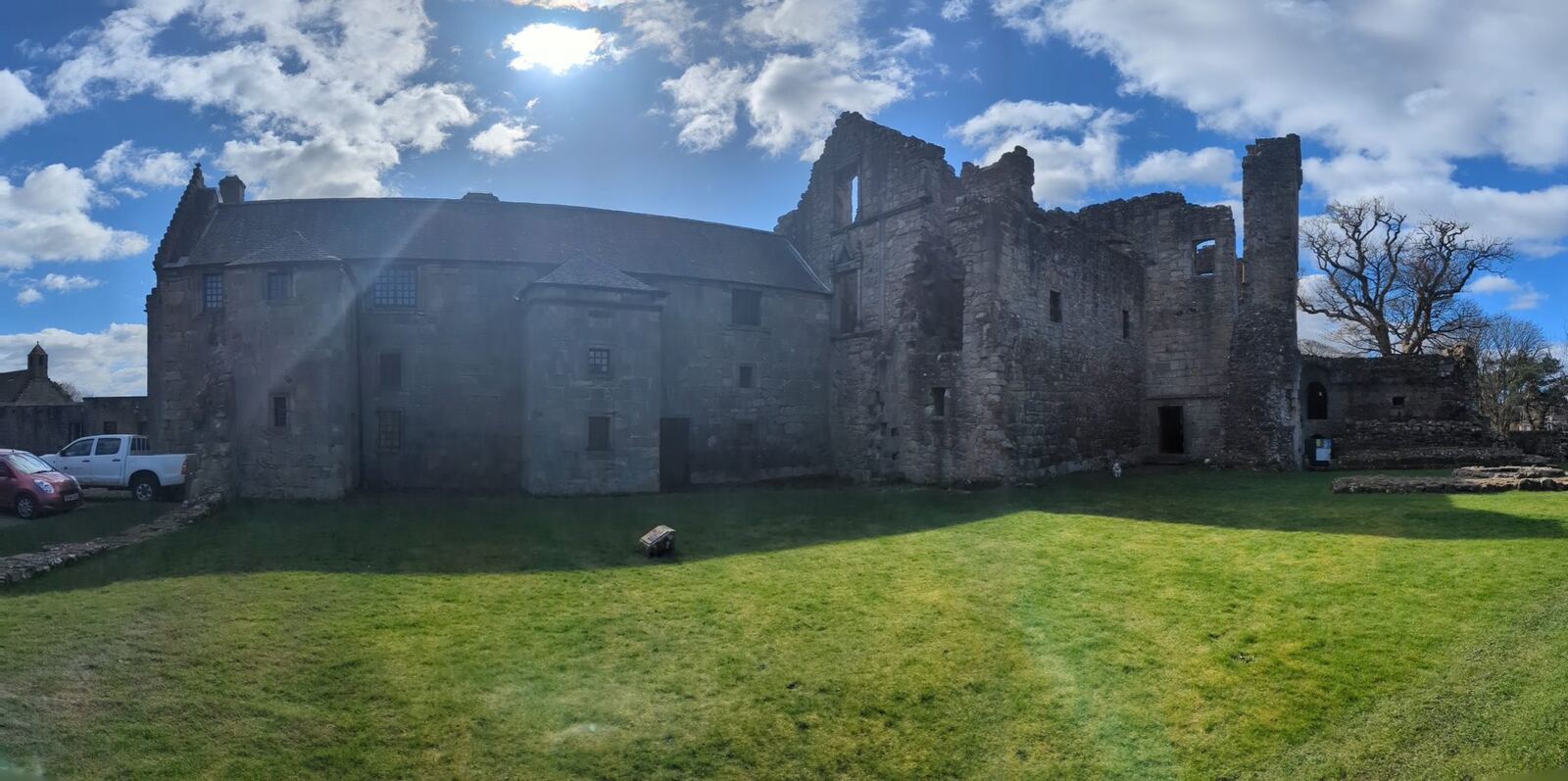 The long east range of Aberdour Castle on the lawn.