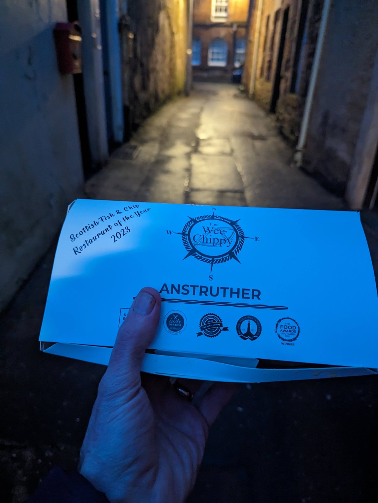 An award-winning Anstruther fish supper in its box.