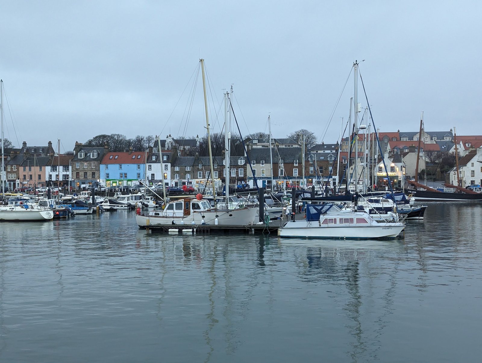 Yachts moored in the harbour basin at Anstruther.