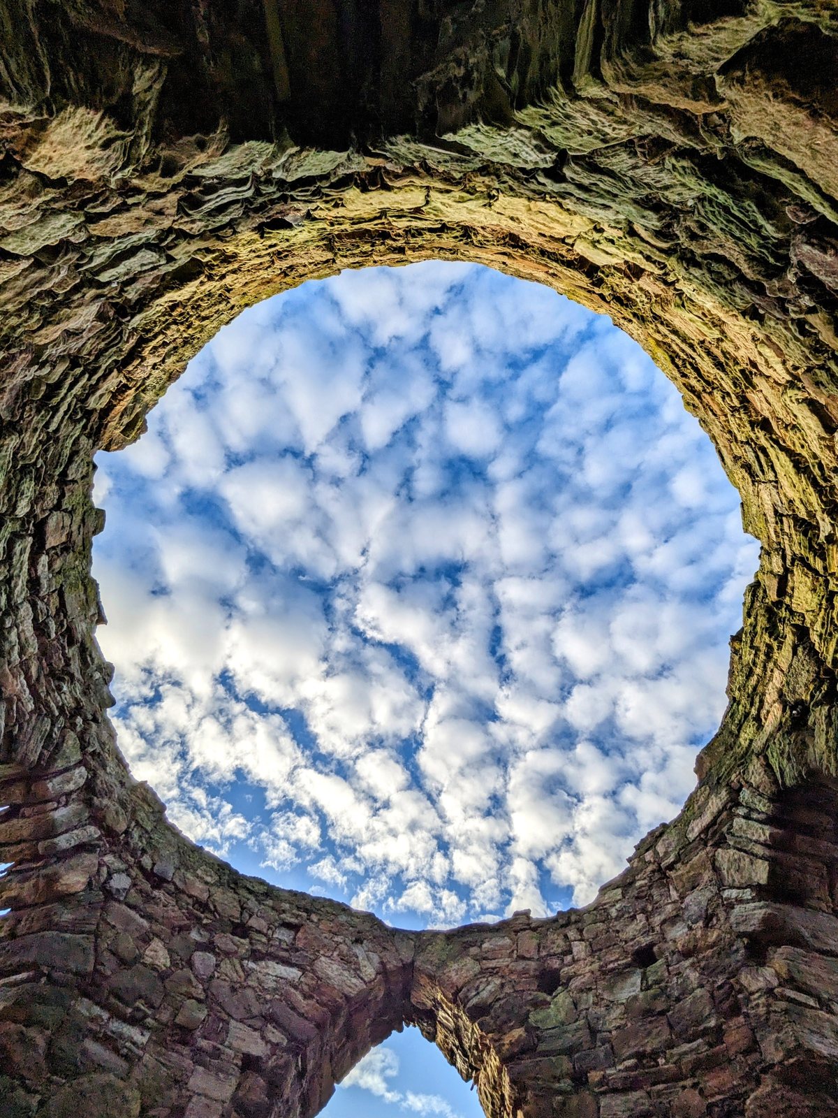 The round window of a roofless shore tower open to the dawn sky, Anstruther.