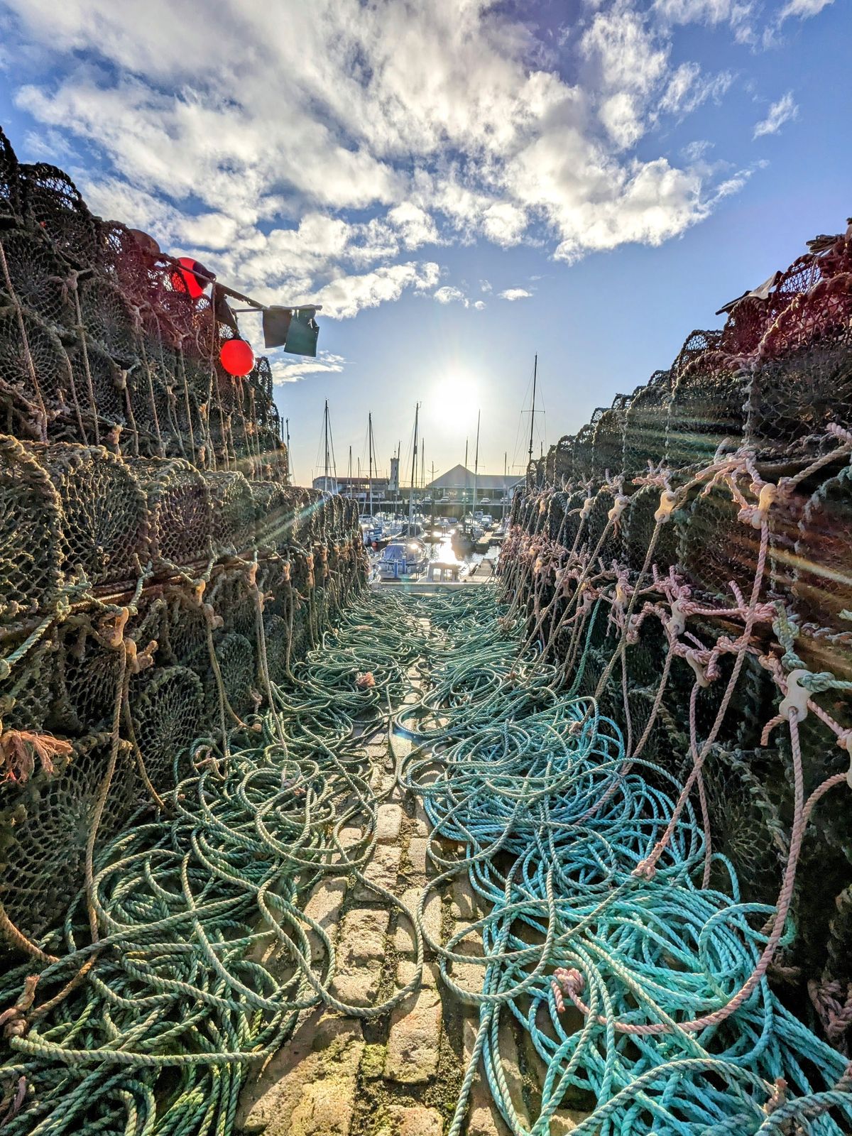 Stacked creels and coloured ropes at Arbroath harbour.
