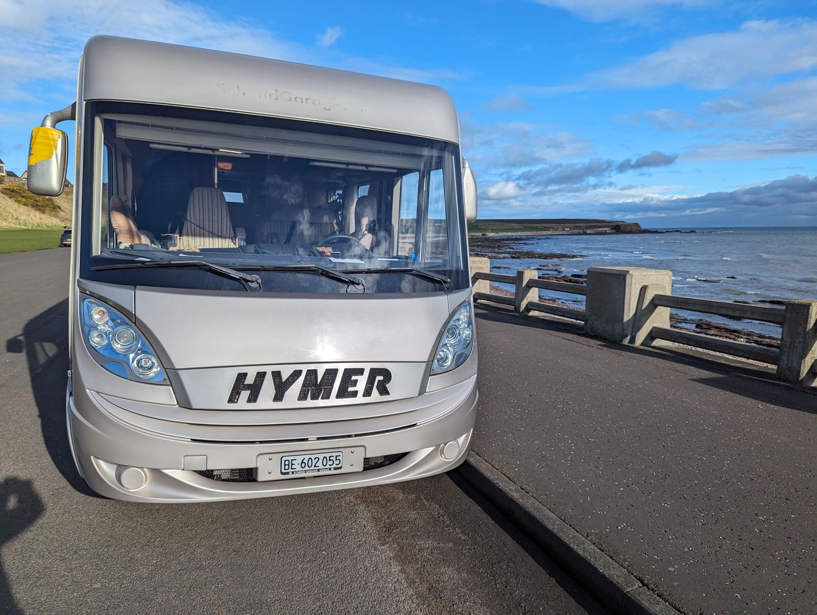 Our Hymer motorhome on the road to Arbroath.