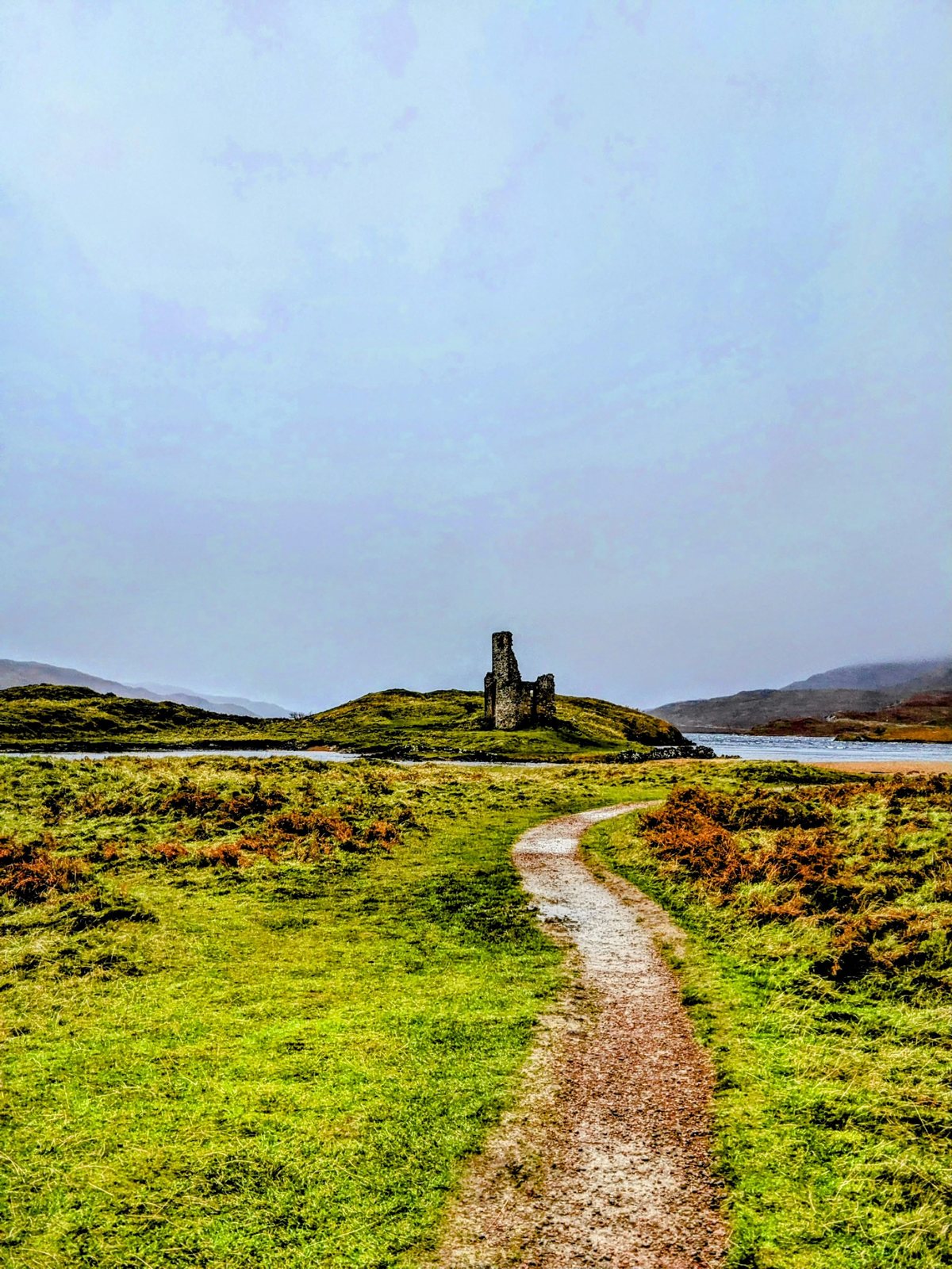 The path to Ardvreck Castle across the machair by Loch Assynt.