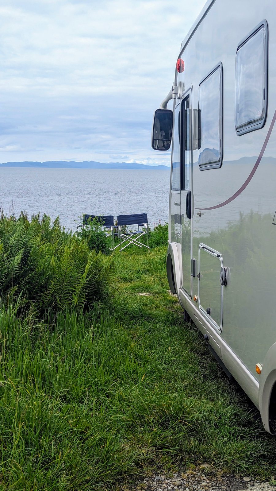 A Hymer motorhome parked by the shore at Ballochroy.
