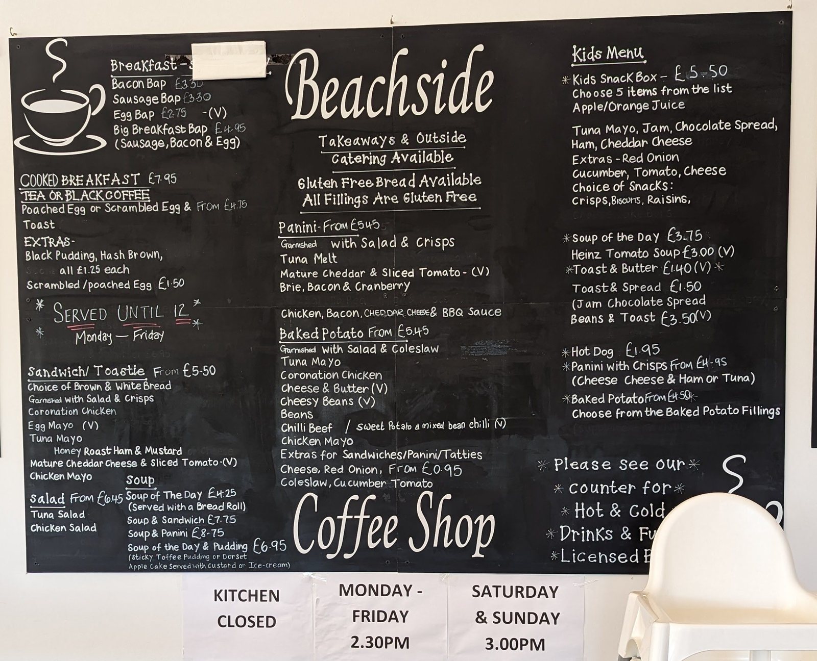 The Beachside Coffee Shop menu board at Balmedie.