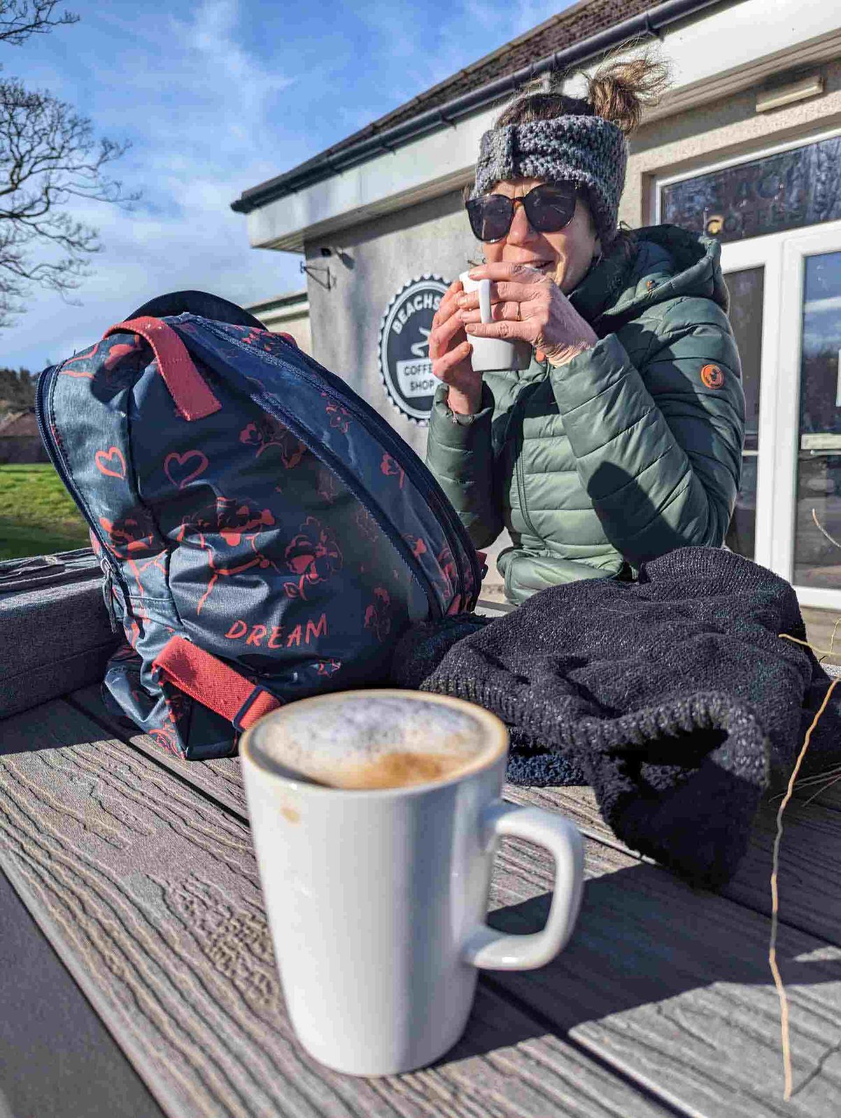 A coffee at the picnic tables by the Sand Bothy, Balmedie.