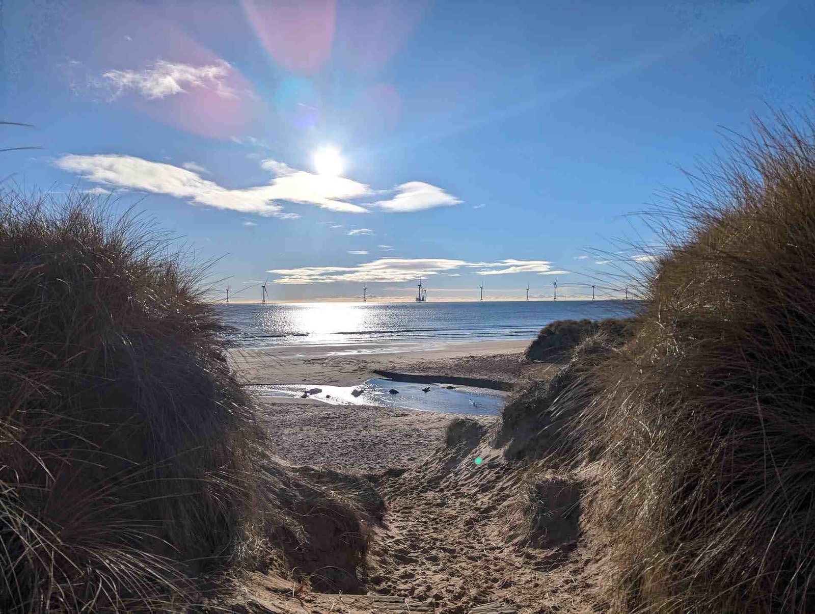 Low sun over the sea from the dunes at Balmedie.