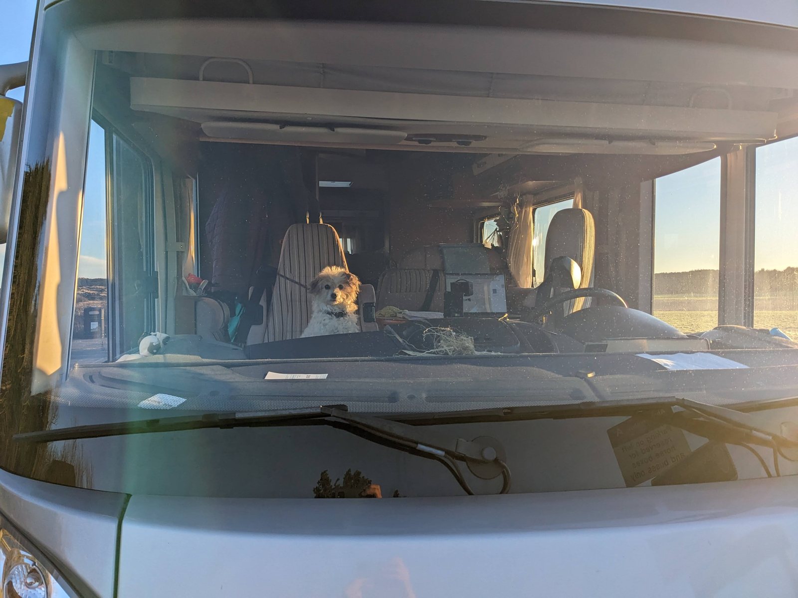 A sea view through the motorhome windscreen at Balmedie.