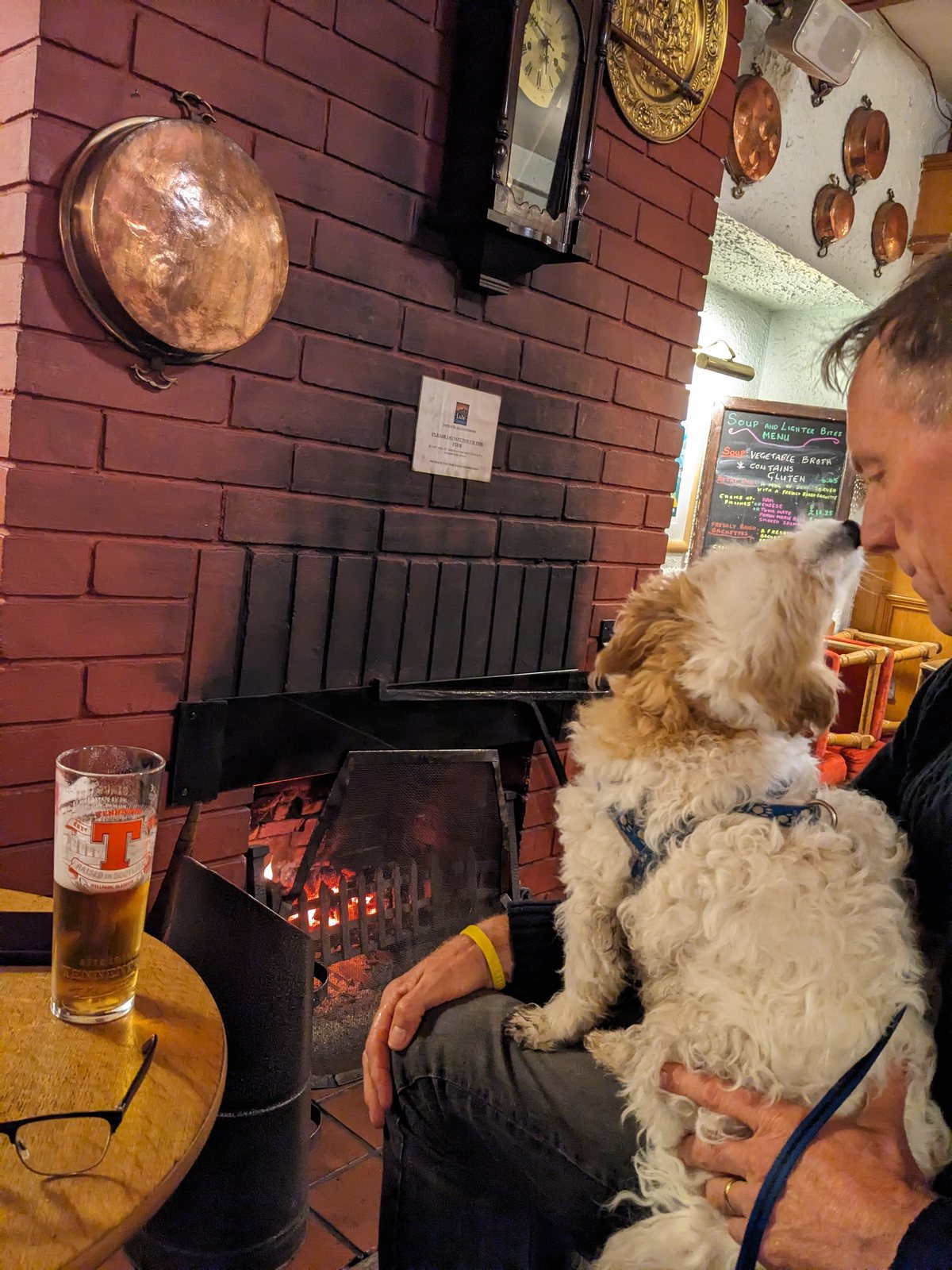 A pub fireside with Lillie the dog and a pint at Callander.