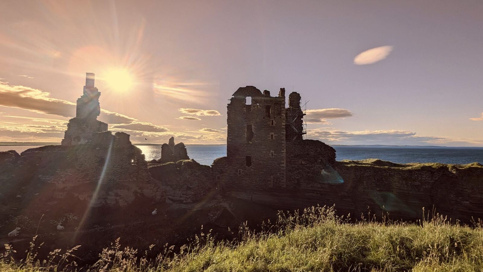 Castle Sinclair Girnigoe on the cliffs at sunset, Caithness