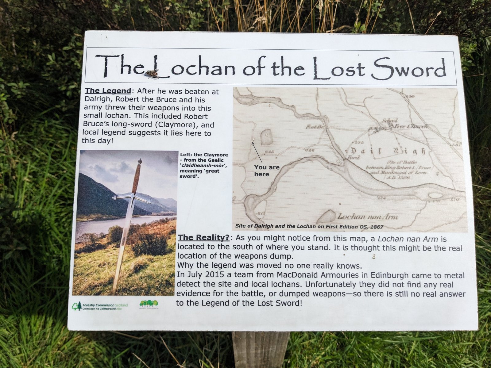 The interpretation board at Dalrigh telling the Lochan of the Lost Sword legend