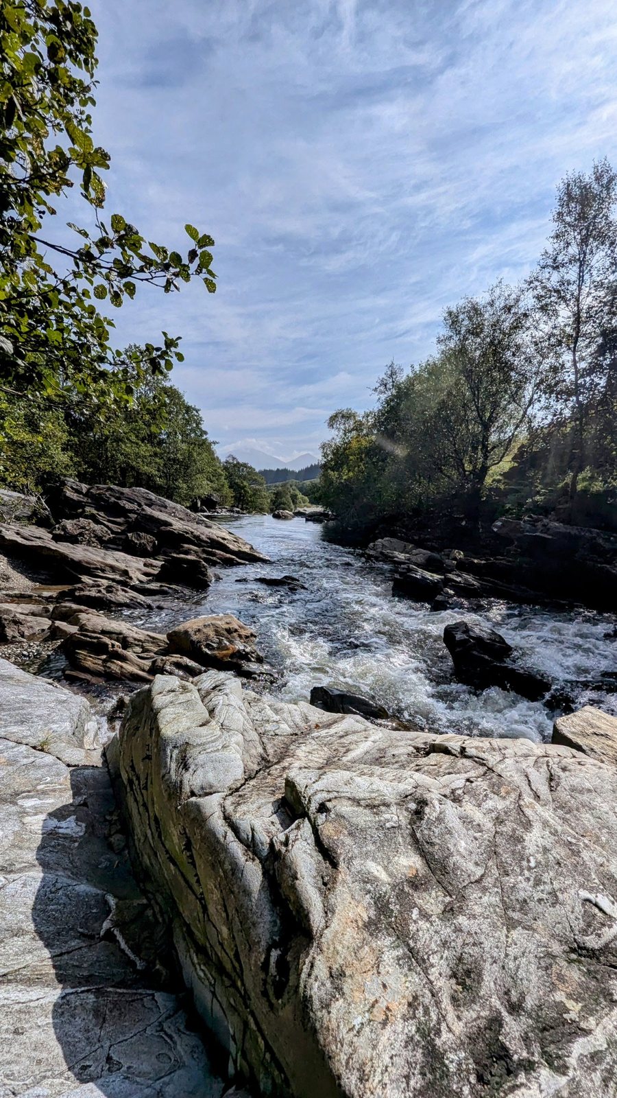 The clear rocky river at Dalrigh