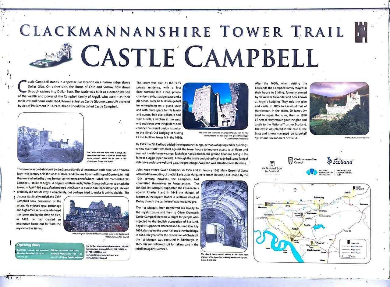 A Clackmannanshire Tower Trail interpretation board for Castle Campbell.