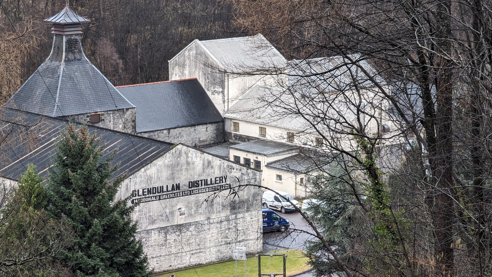 The pagoda roofs of a Speyside distillery near Dufftown.