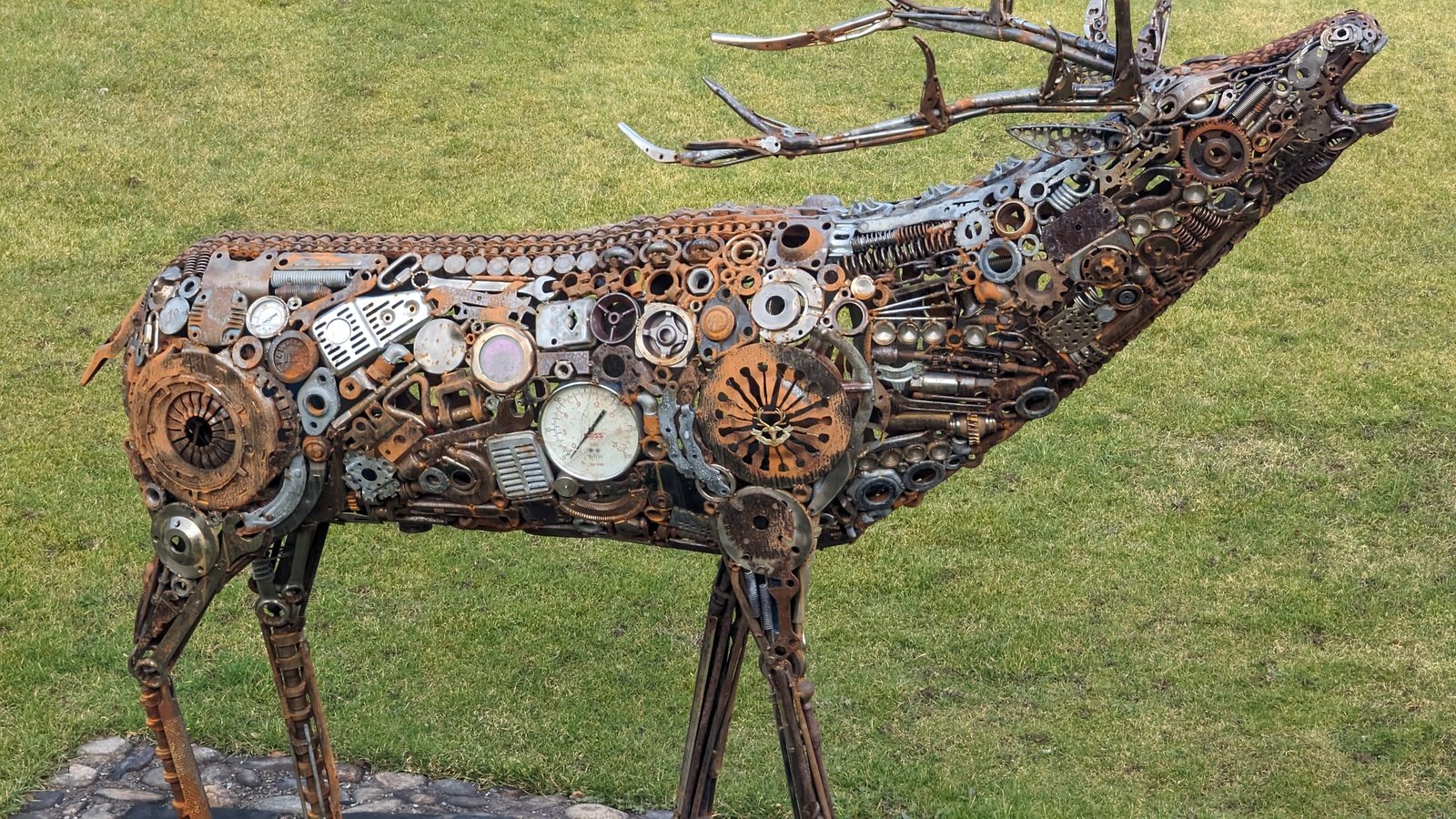 A stag sculpture made of metal at Glenfiddich, Dufftown.