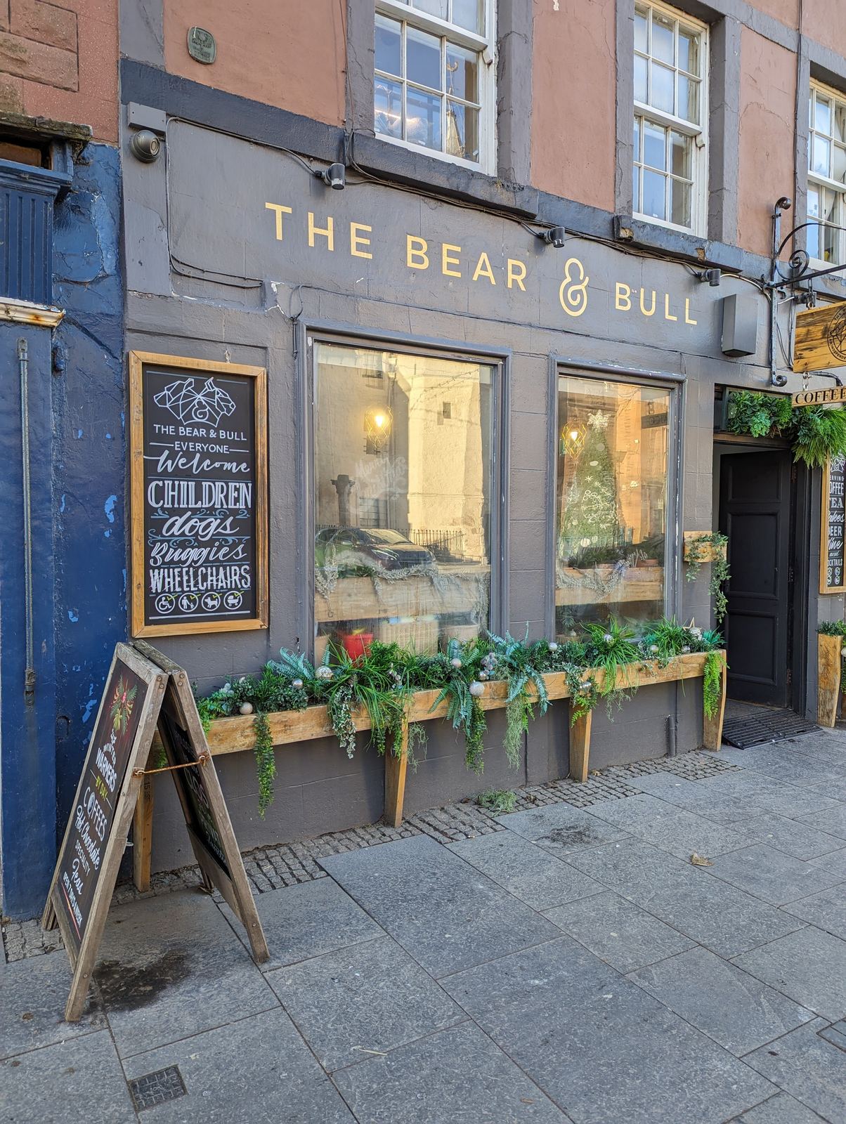 The Bear & Bull pub on Dunbar High Street, dog-friendly and welcoming.