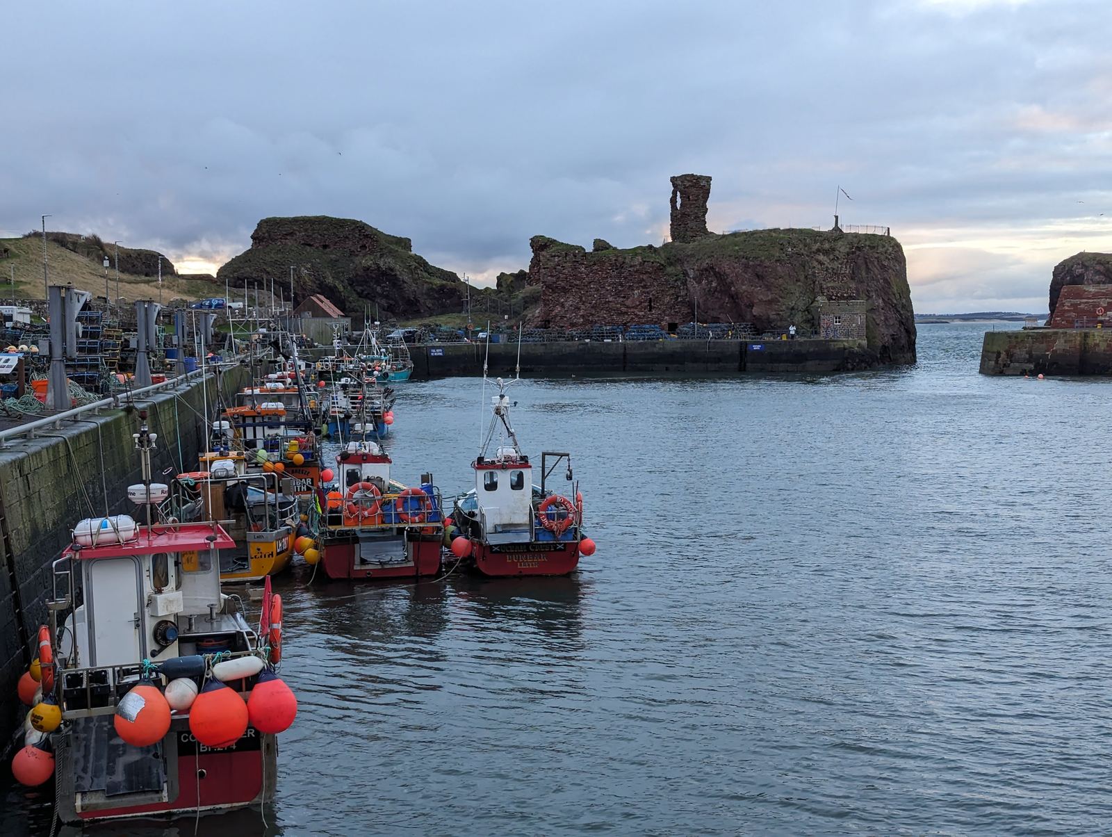 Dunbar harbour with fishing boats and the red sandstone ruins of Dunbar Castle behind.