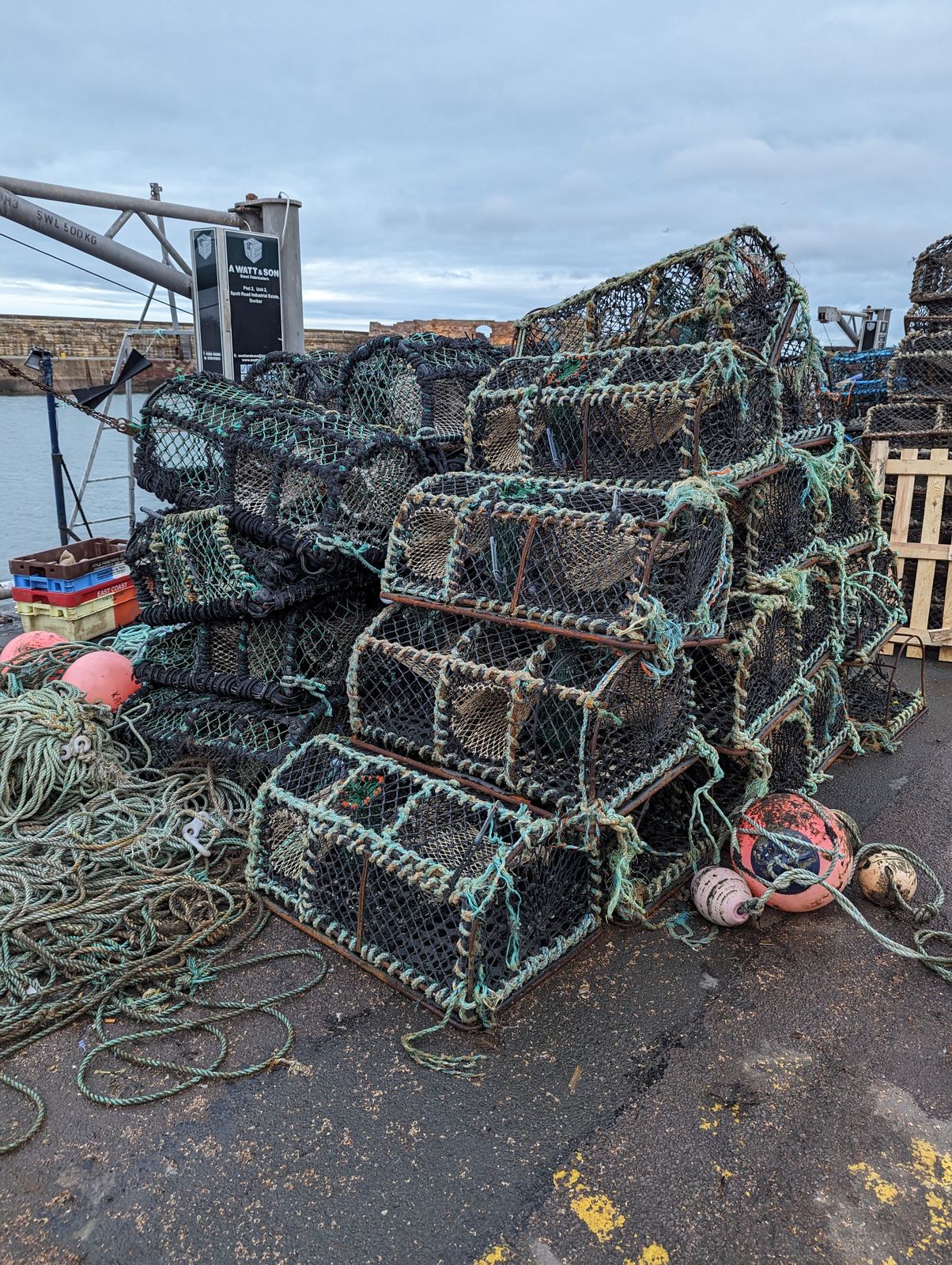Stacks of lobster creels on the quay at Dunbar harbour.