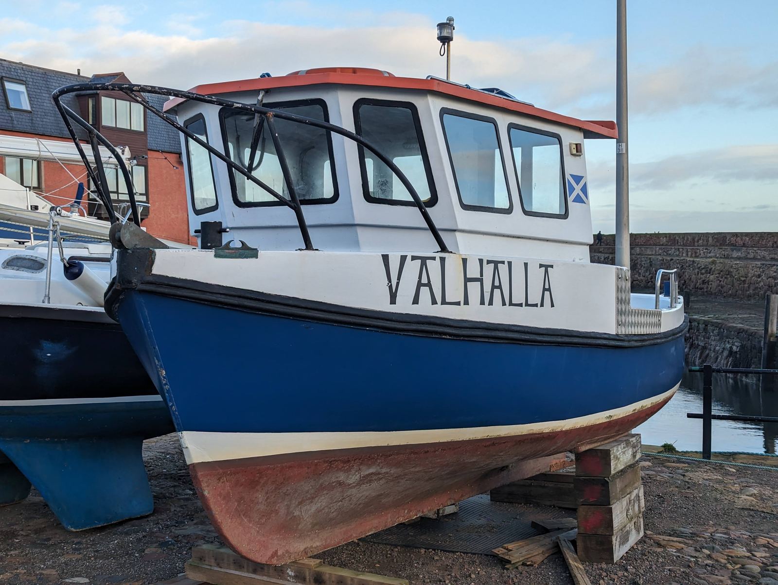 A fishing boat named Valhalla on the hard at Dunbar by the Cromwell Anchorage.