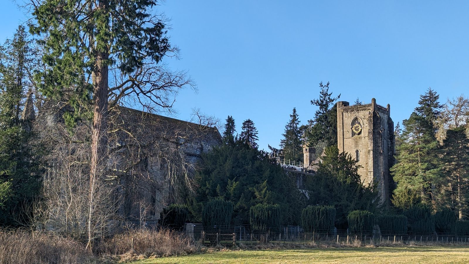 Dunkeld Cathedral seen through winter trees.