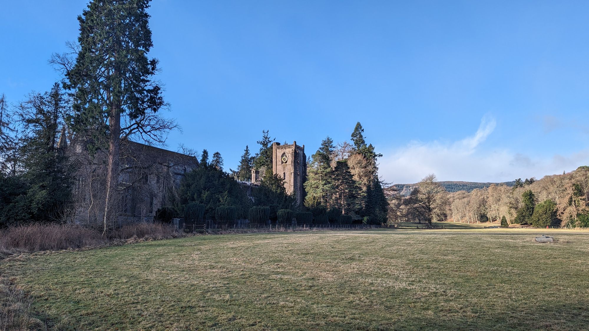 Dunkeld Cathedral across its lawns by the River Tay in Perthshire.