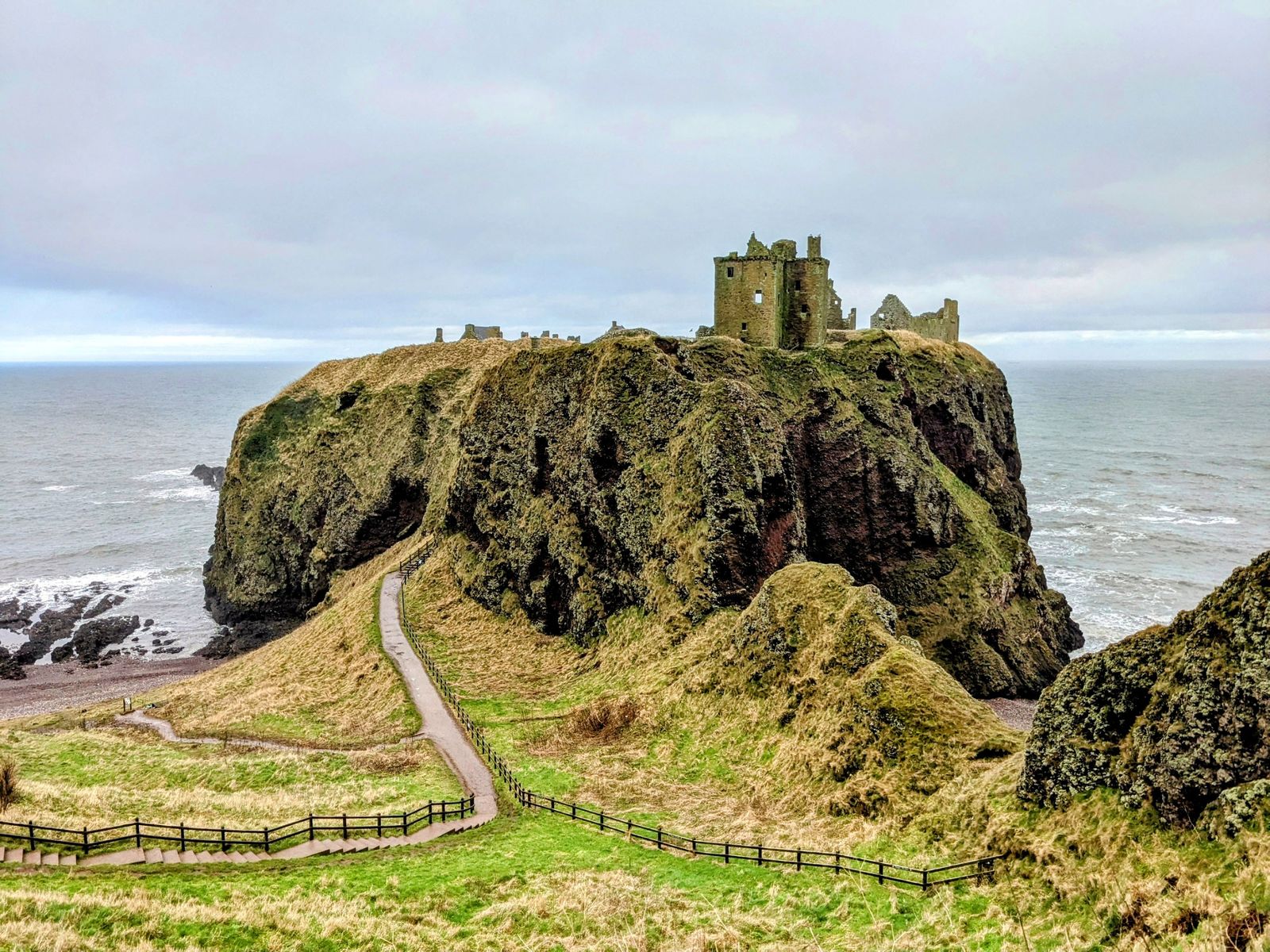 The path and steps leading up to the gate of Dunnottar Castle.