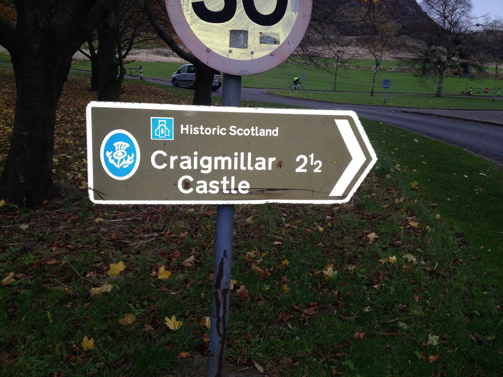 A road sign for Craigmillar Castle, Edinburgh.