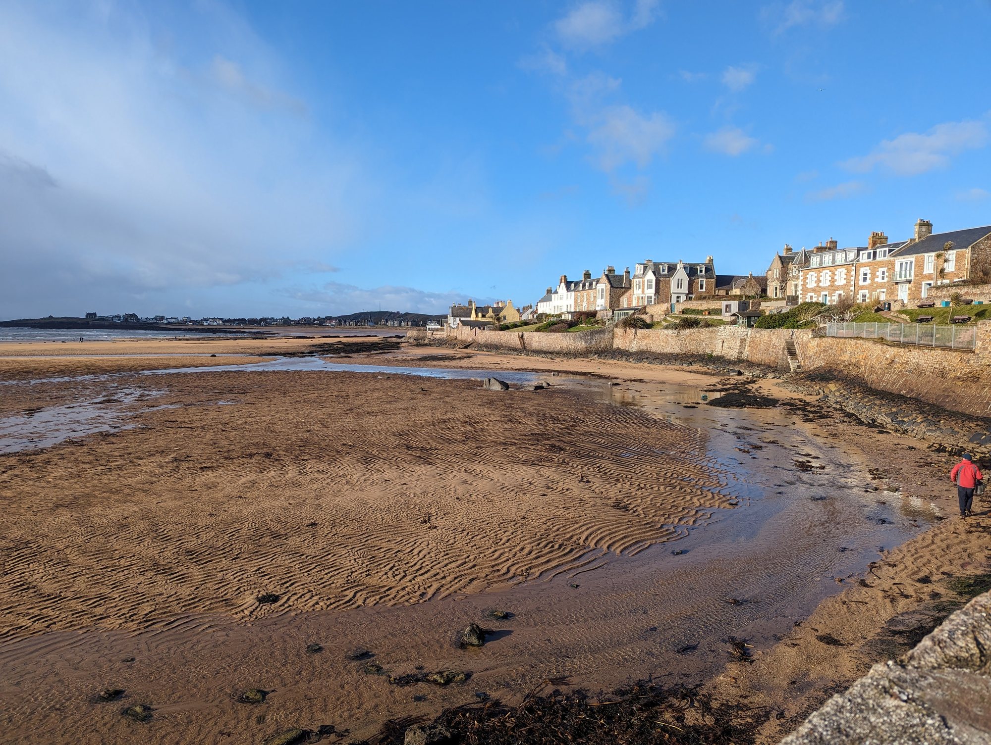The wide golden sweep of Elie beach at low tide, Fife.