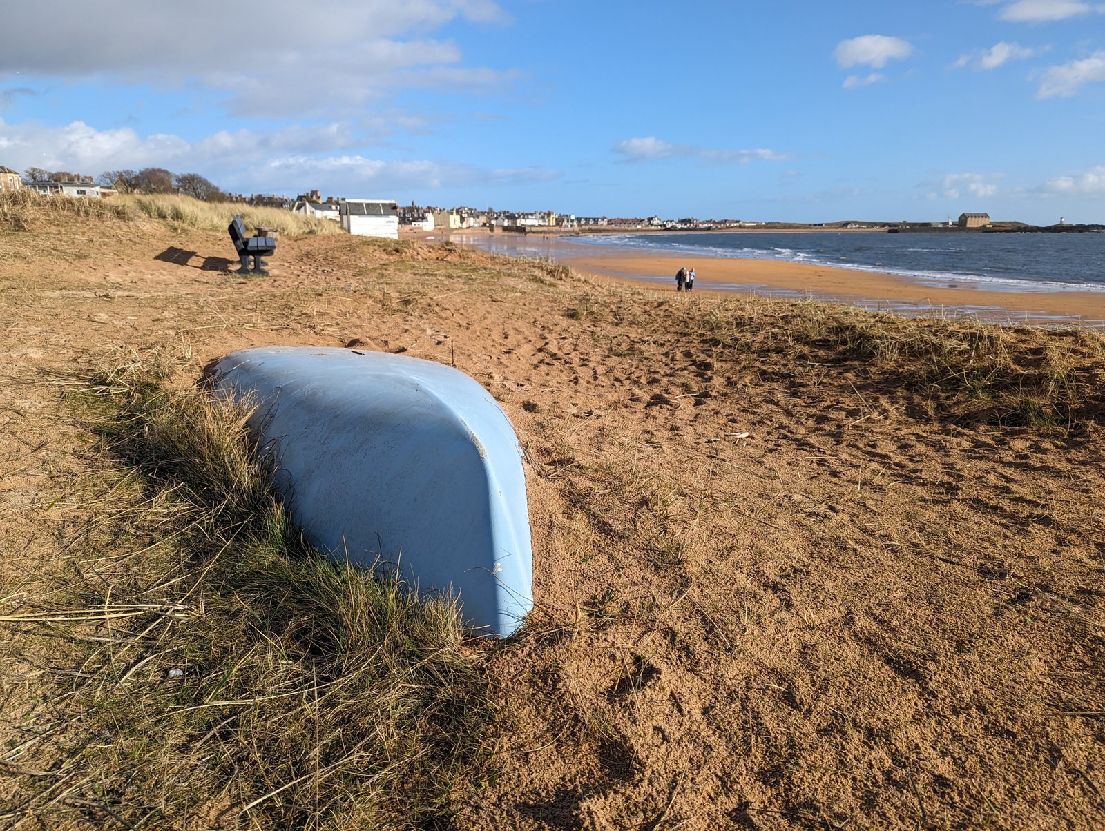 An upturned boat on the dunes above Elie beach.