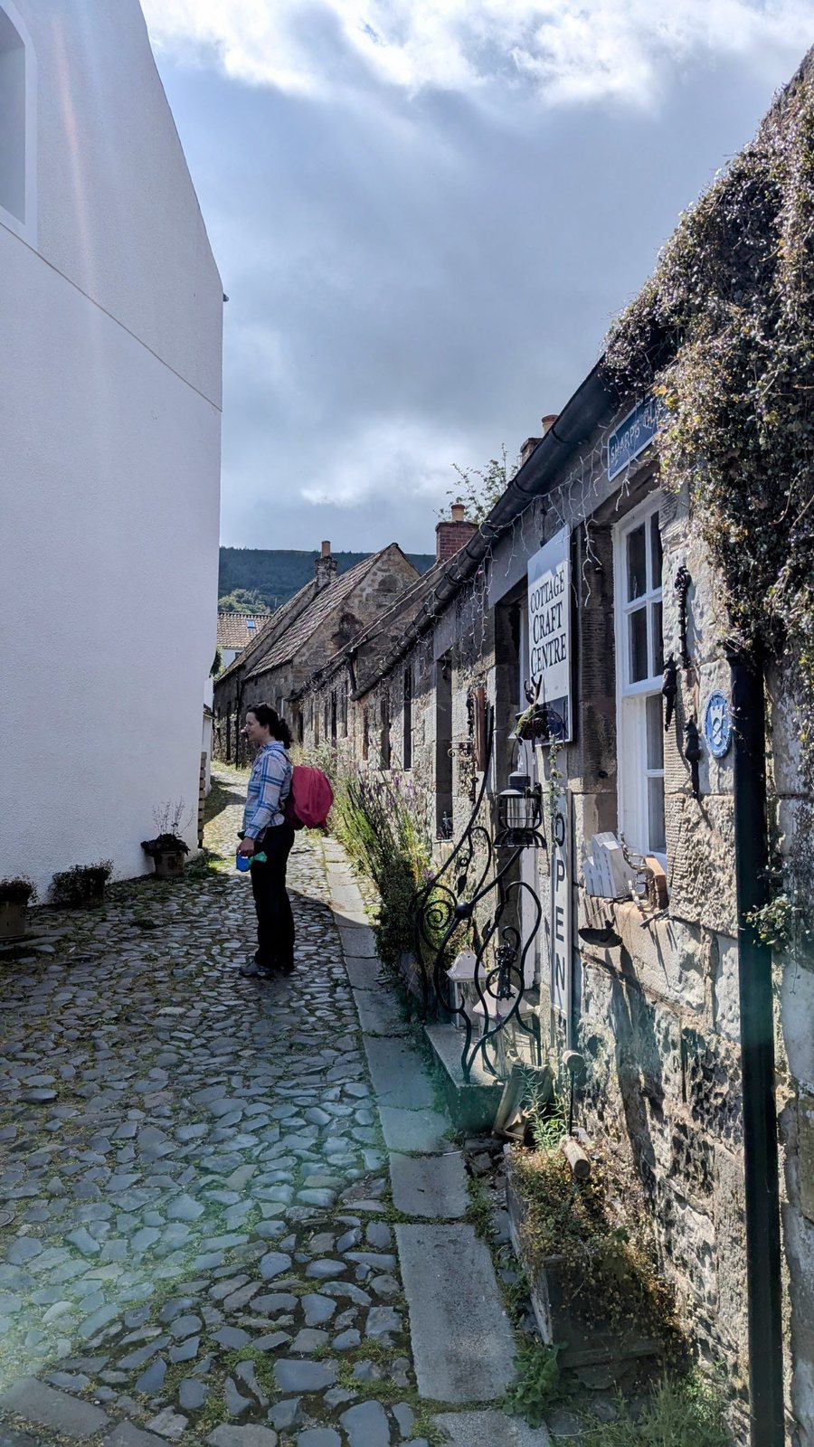 A narrow cobbled wynd of whitewashed cottages in Falkland.