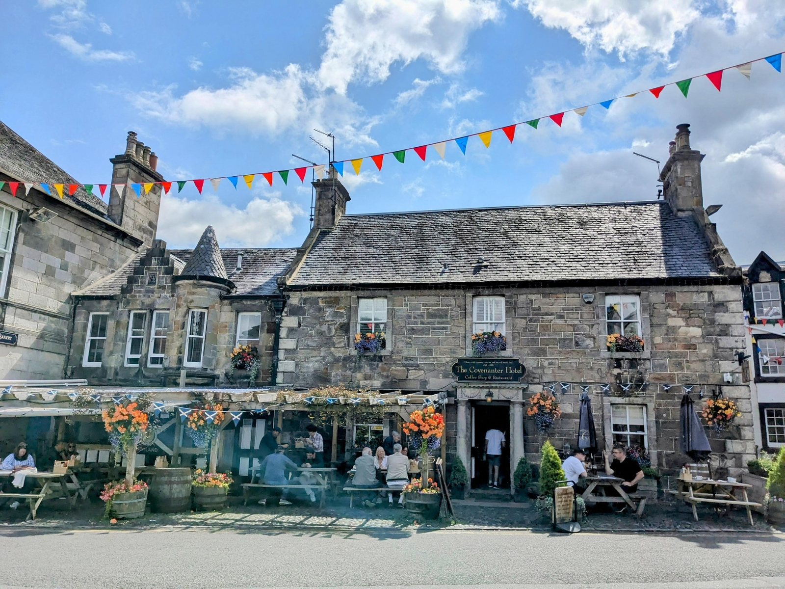 An old inn strung with bunting in Falkland village.