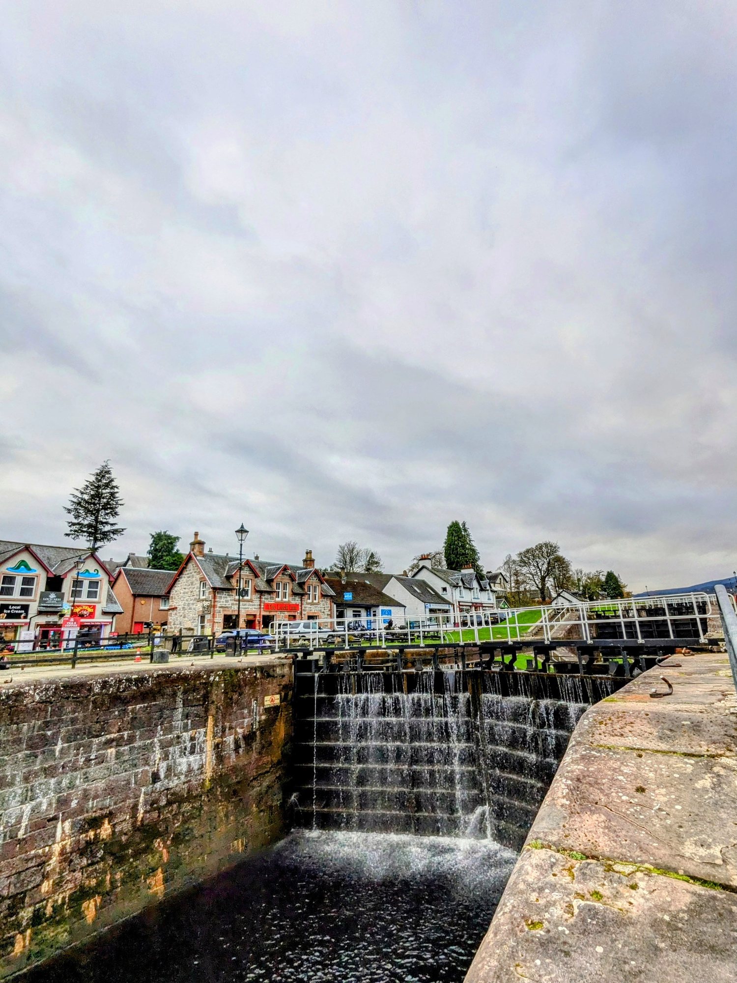 The staircase of canal locks running down through Fort Augustus to Loch Ness.