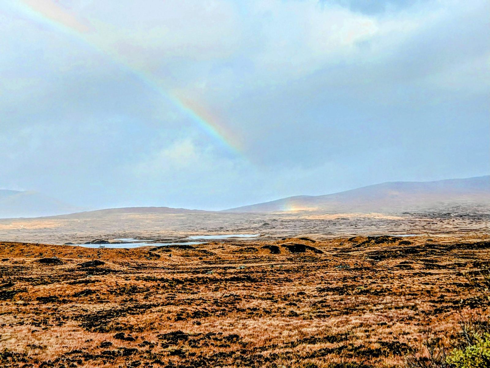 The tawny autumn bog and pools of Rannoch Moor stretching to distant hills under a big changeable sky.