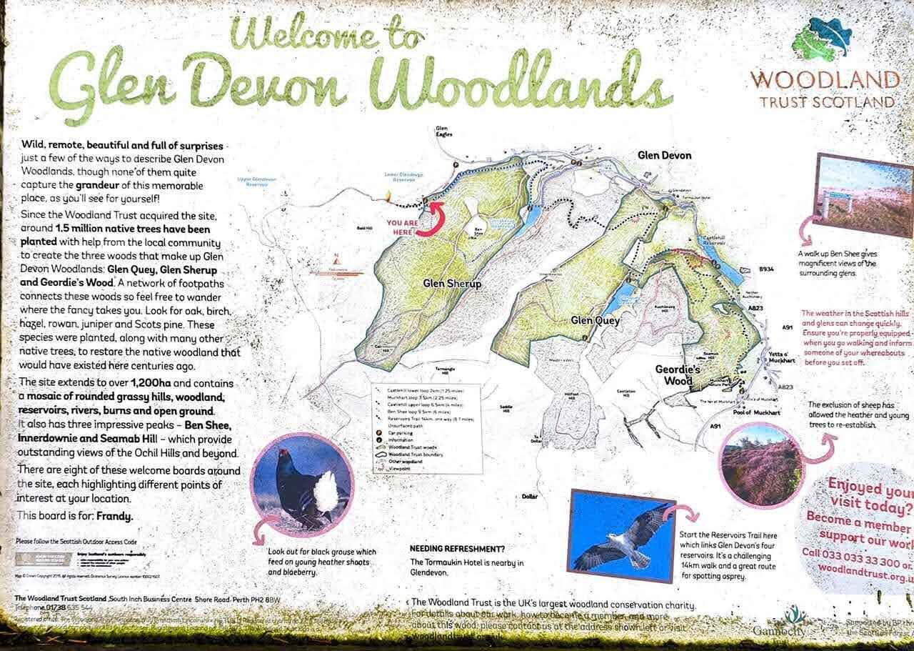 A Woodland Trust welcome board for the Glen Devon Woodlands.
