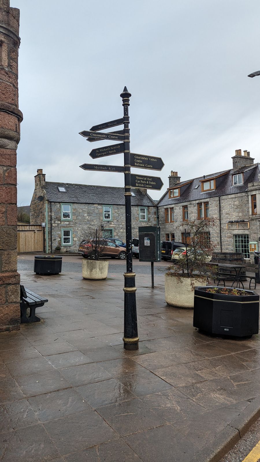The square and signpost at Dufftown, Speyside.