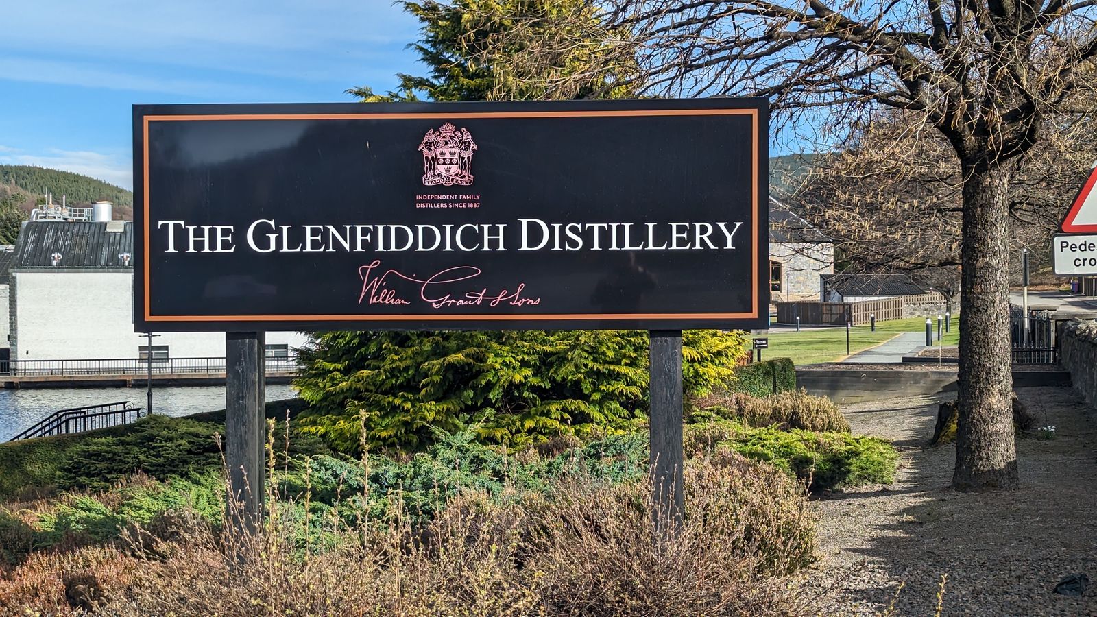 The Glenfiddich Distillery sign at Dufftown, Speyside.