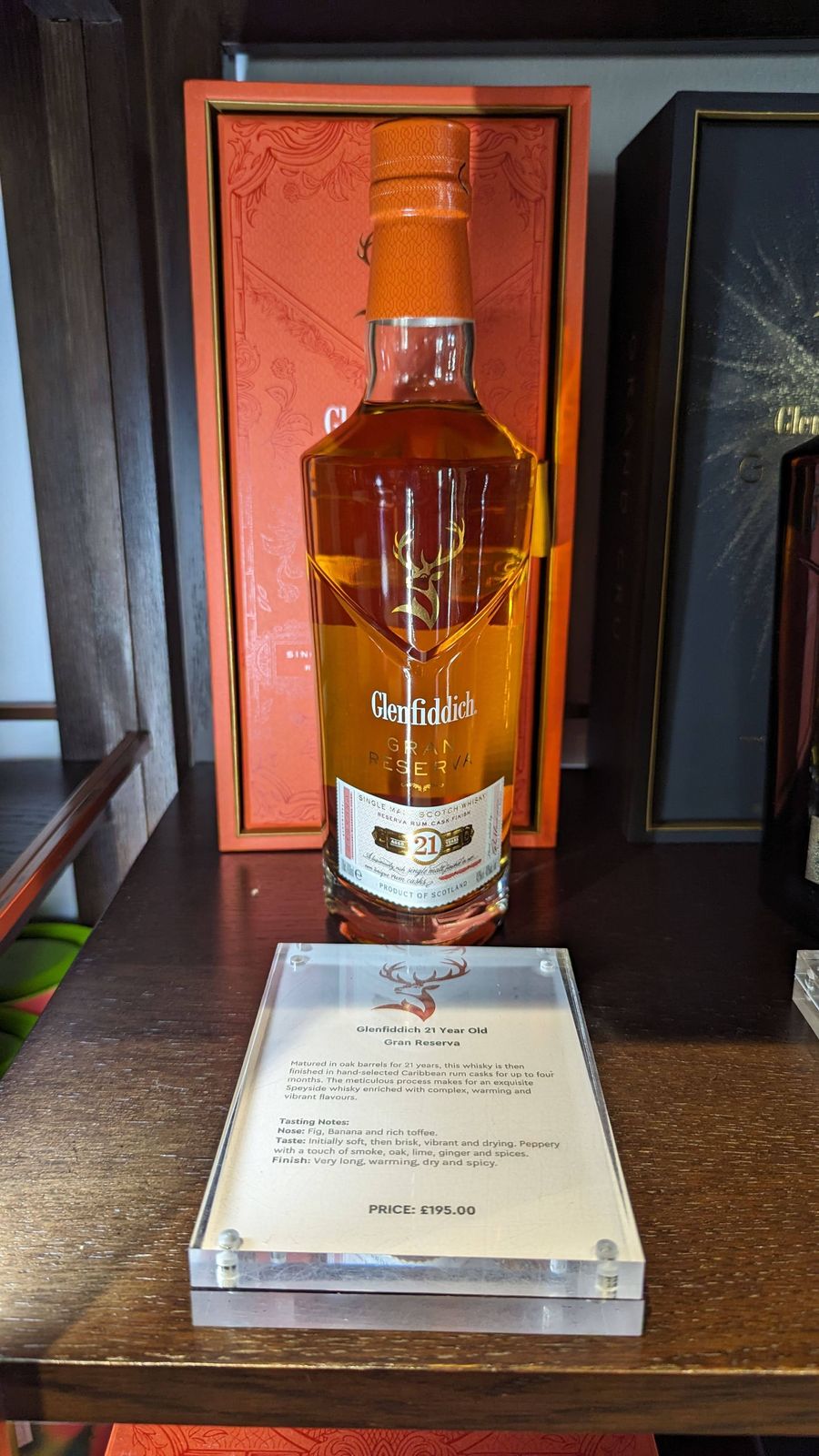A rare premium Glenfiddich bottle on display in the visitor centre.