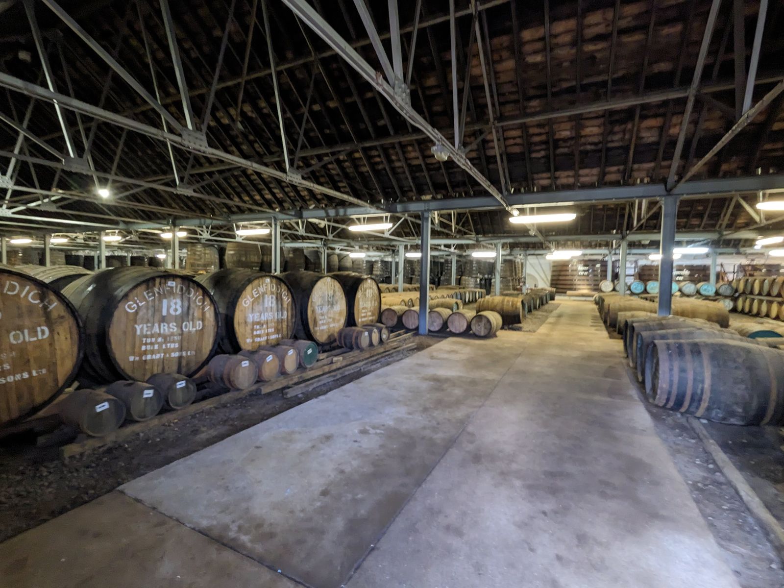 Casks maturing in a warehouse at Glenfiddich Distillery.