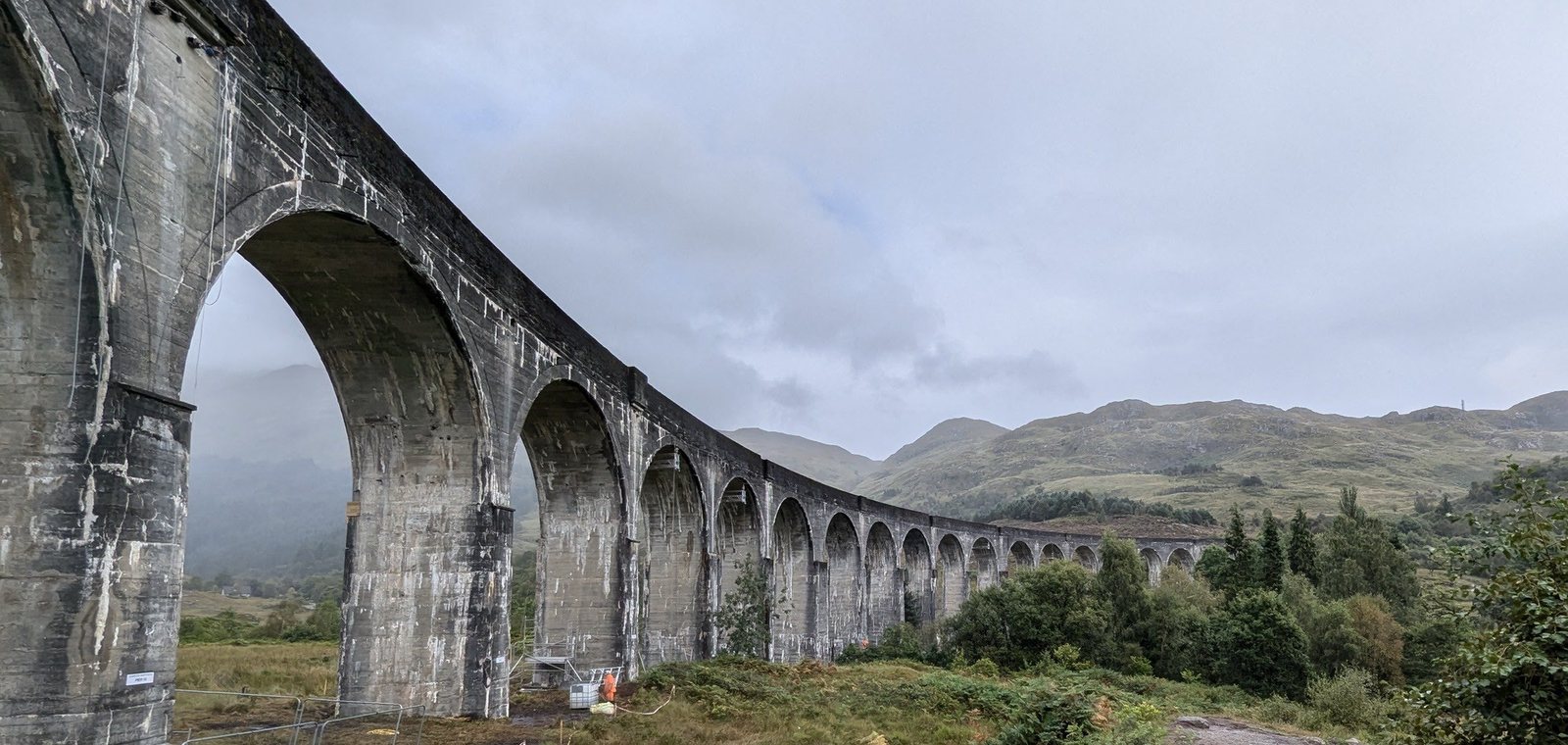The tall concrete arches of the Glenfinnan Viaduct.