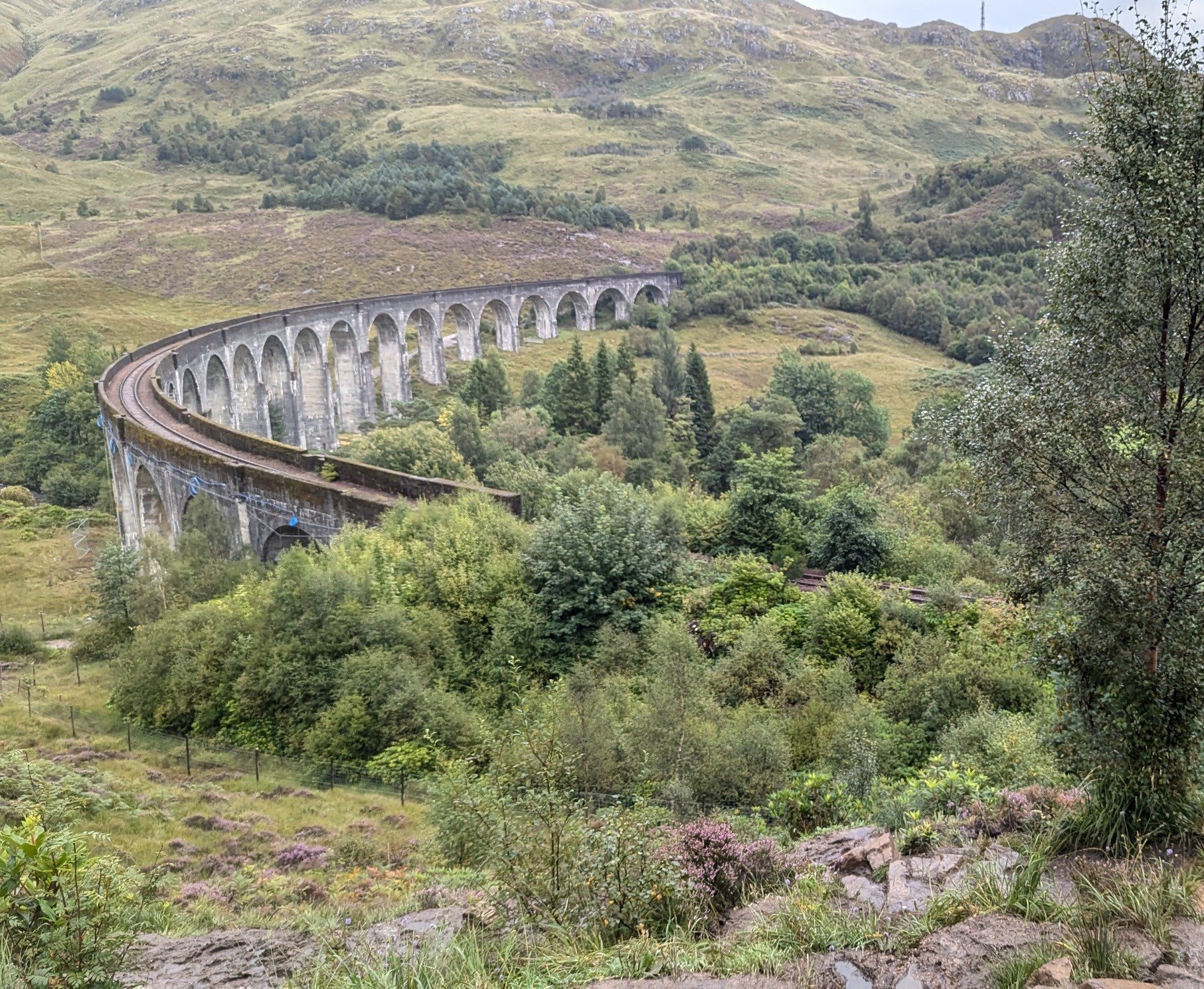 The curving Glenfinnan Viaduct sweeping across the glen.