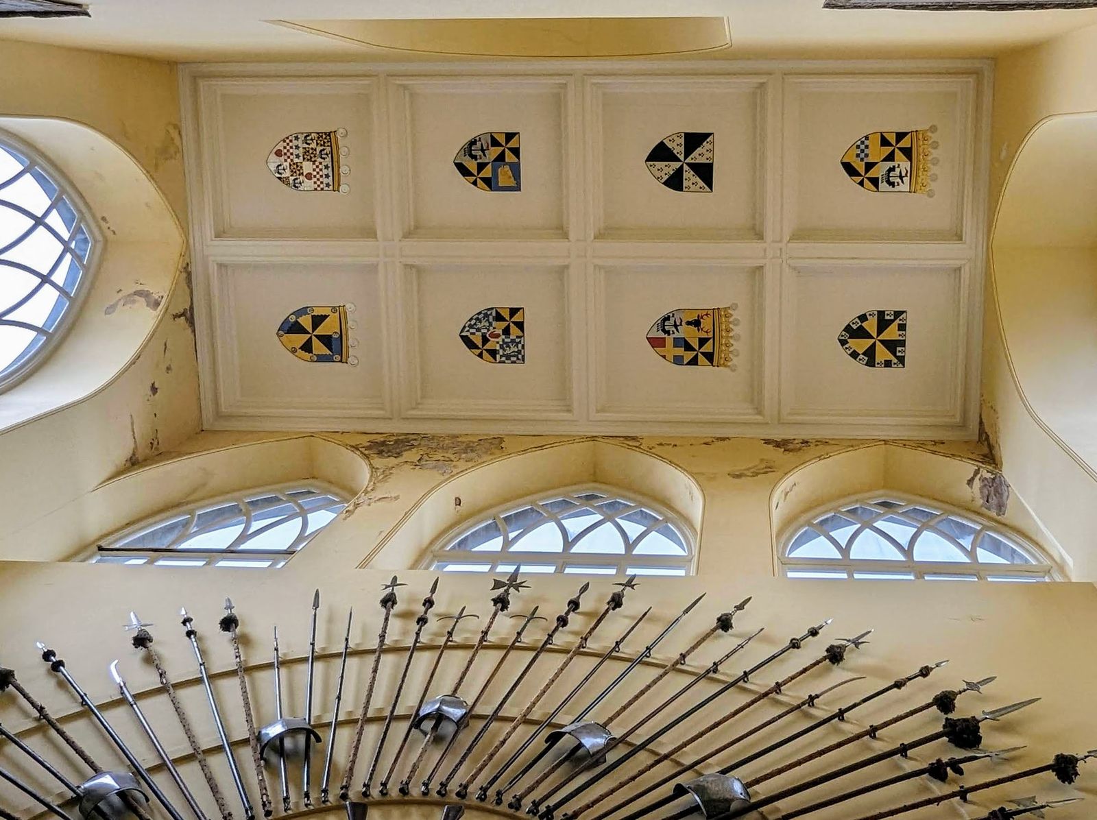 Weapons fanned across the ceiling of the Armoury Hall at Inveraray Castle