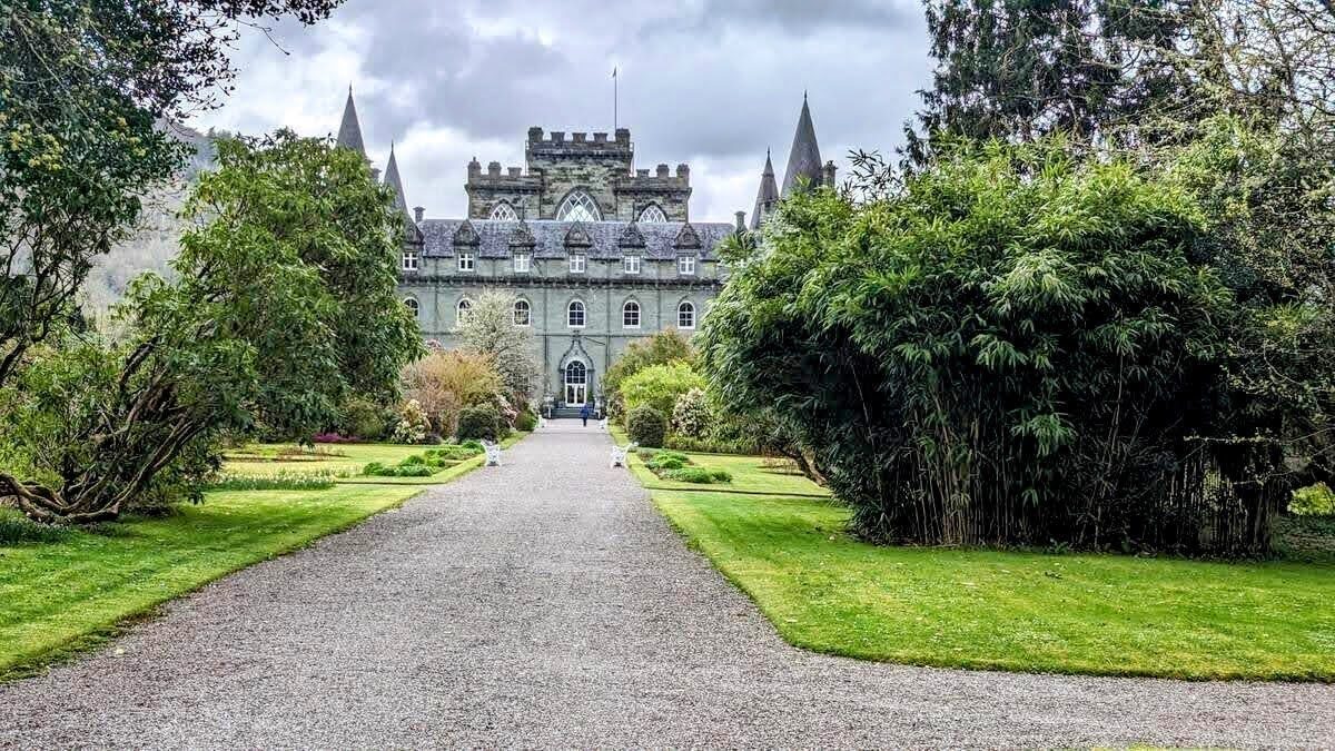 Inveraray Castle at the end of its long drive, the seat of the Dukes of Argyll on Loch Fyne