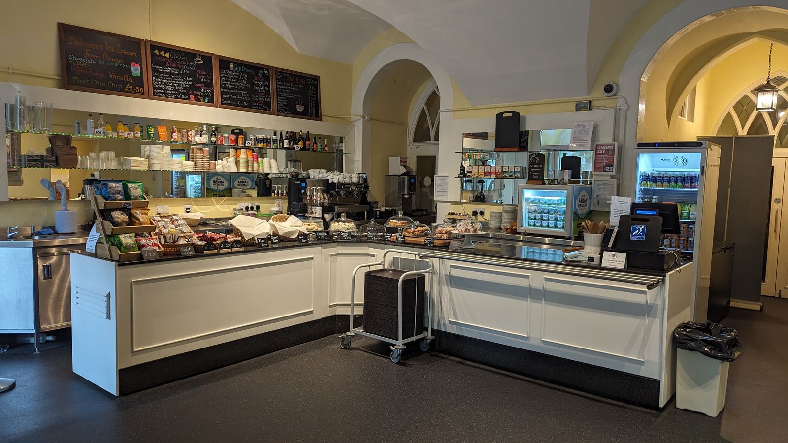 The tea room at Inveraray Castle, its counter full of cakes