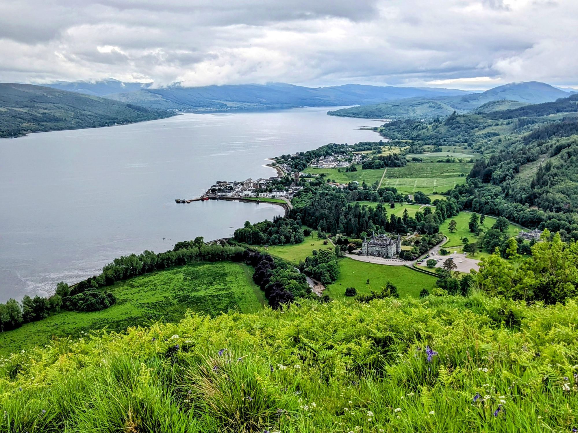 The view over Inveraray and the length of Loch Fyne from the top of Dun na Cuaiche