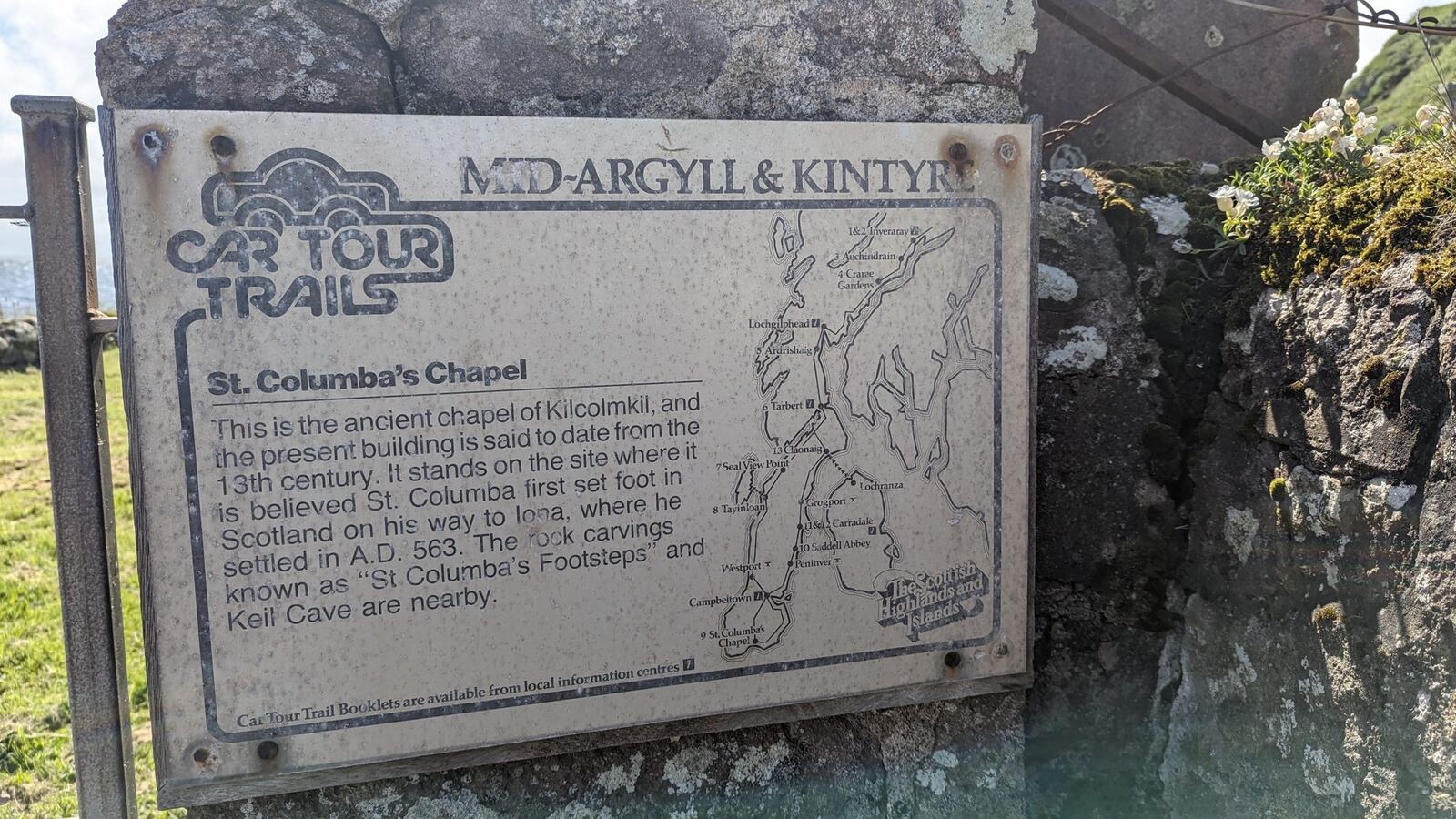 A Mid-Argyll & Kintyre car-tour interpretation sign for St Columba's Chapel at Keil.