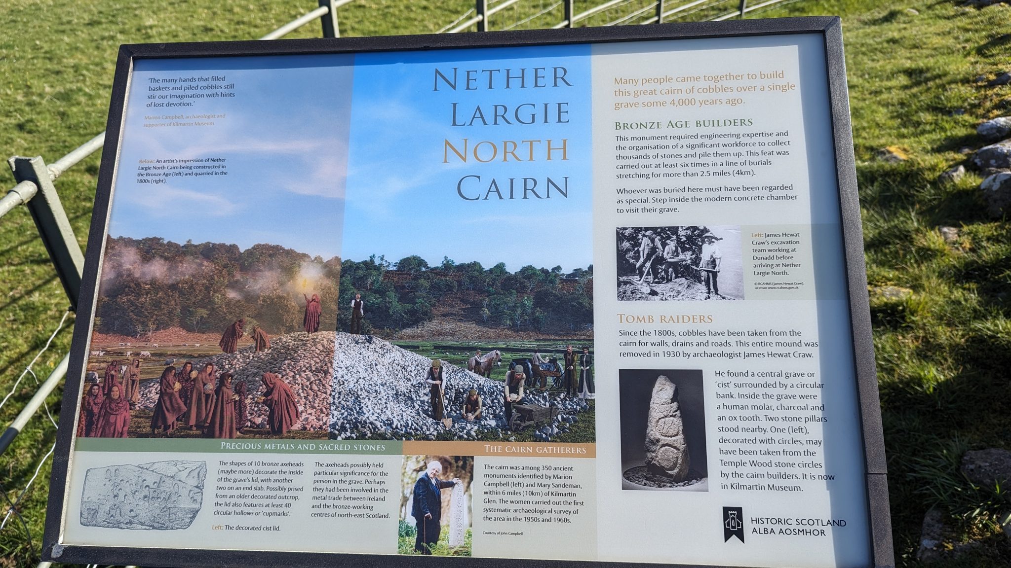 The 'Nether Largie North Cairn' interpretation board at Kilmartin Glen explaining the Bronze Age builders.