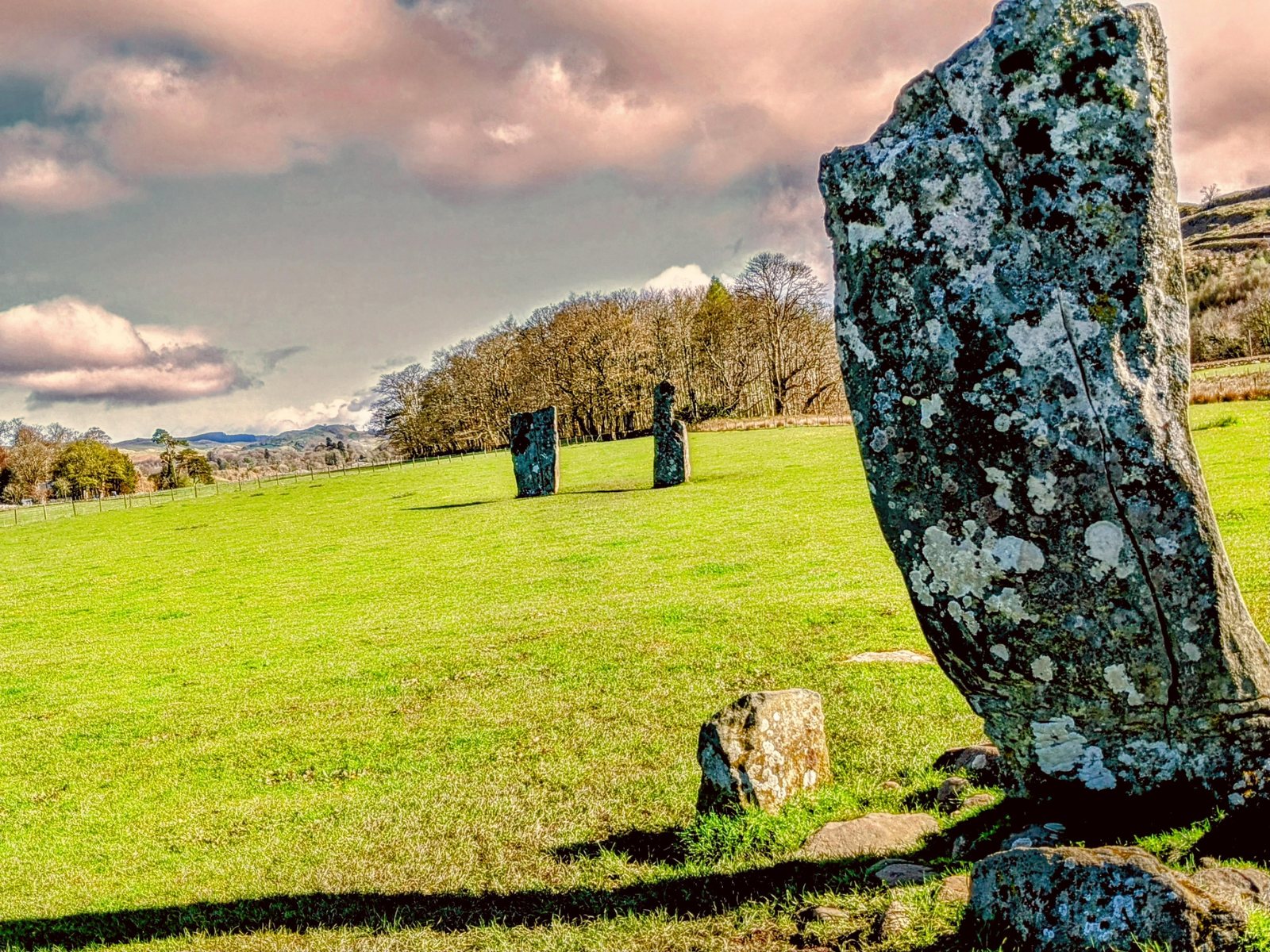 A standing stone against a big sky at Nether Largie.