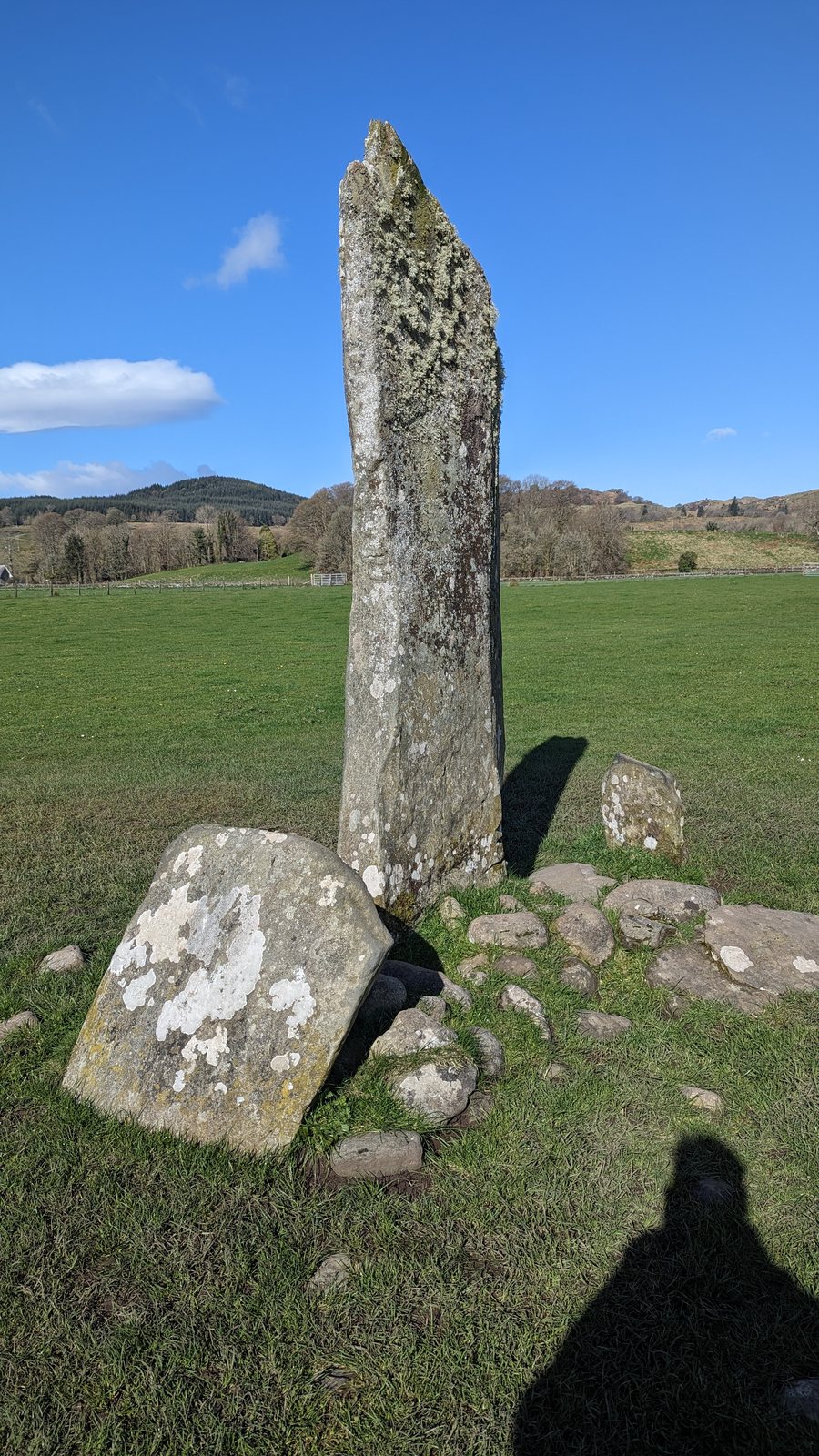 Standing stones aligned across the field at Nether Largie.