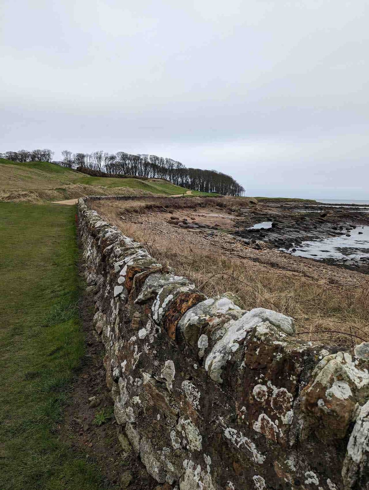 The Fife Coastal Path along a drystone wall on the Kingsbarns coast.