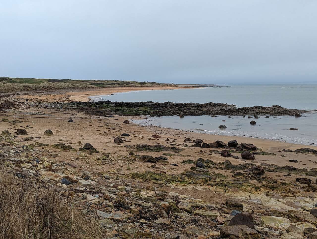 The rocky red sandstone shore and North Sea at Kingsbarns, Fife.
